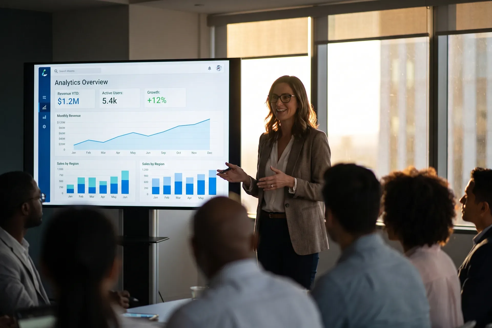 Presenter beside an analytics overview dashboard with KPIs and charts